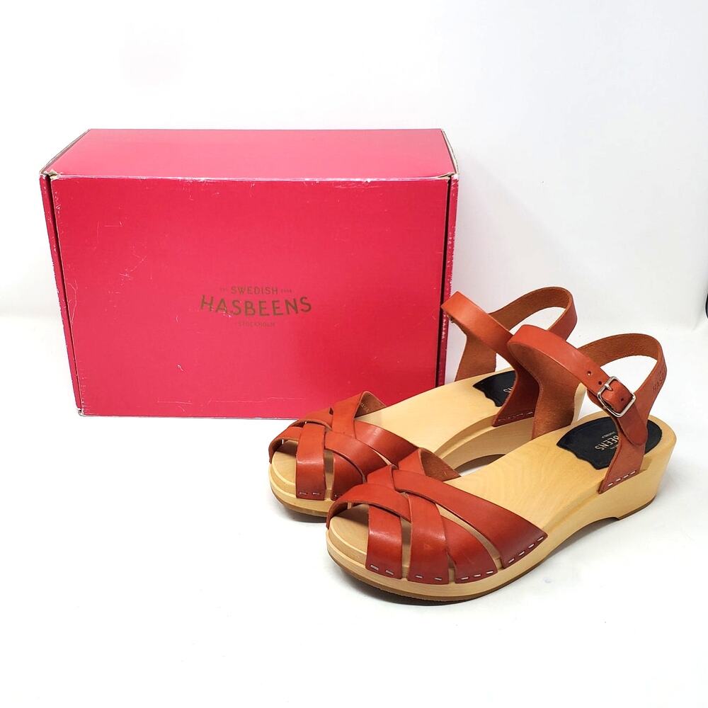 Swedish Hasbeens Magdalena Wooden Platform Clog Heel Sandals Red Leather Size 38 - Picture 2 of 11